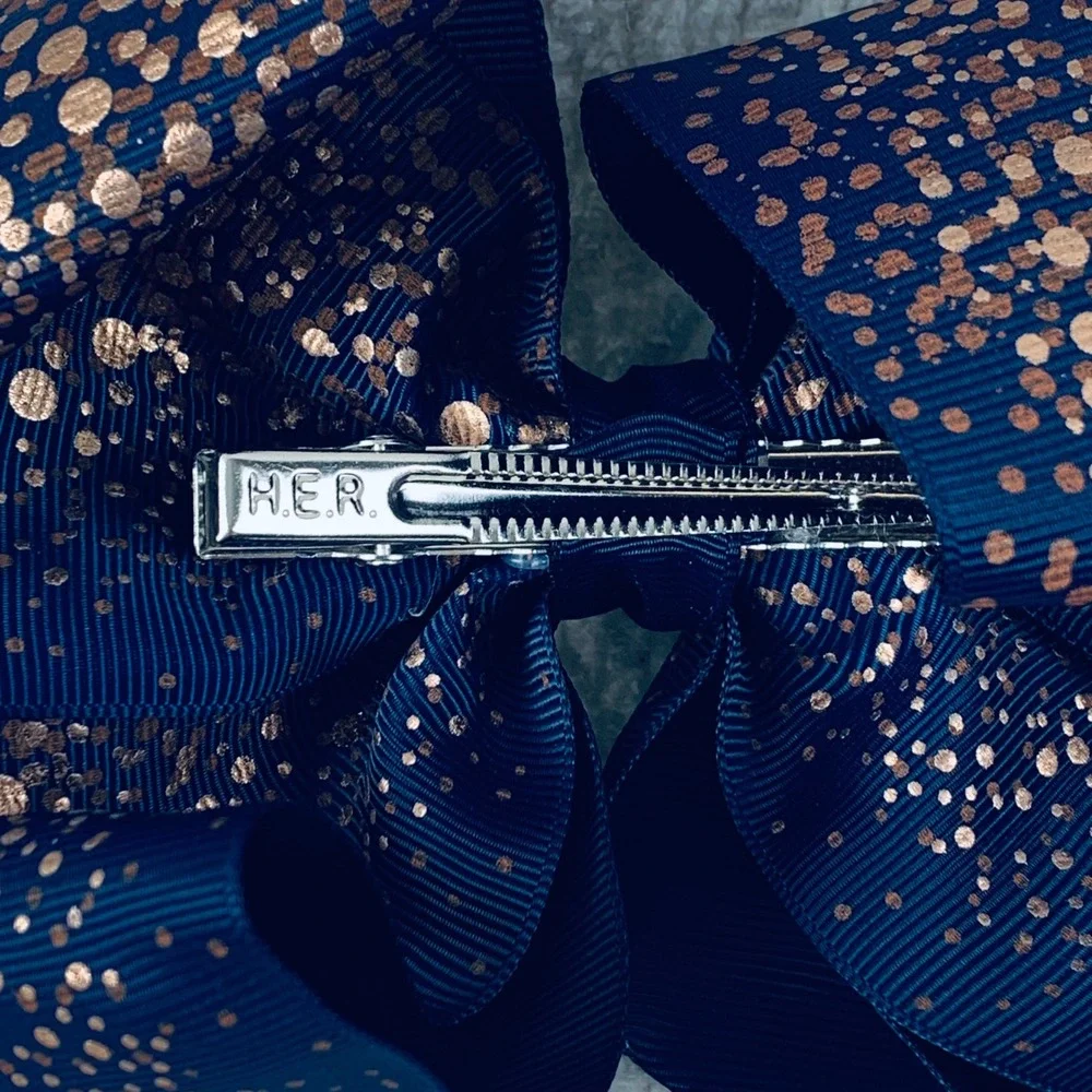 JoJo Siwa Hair Bow Girls Navy Rose Gold Polka Dot Metallic Foil‎ Grosgrain Clip